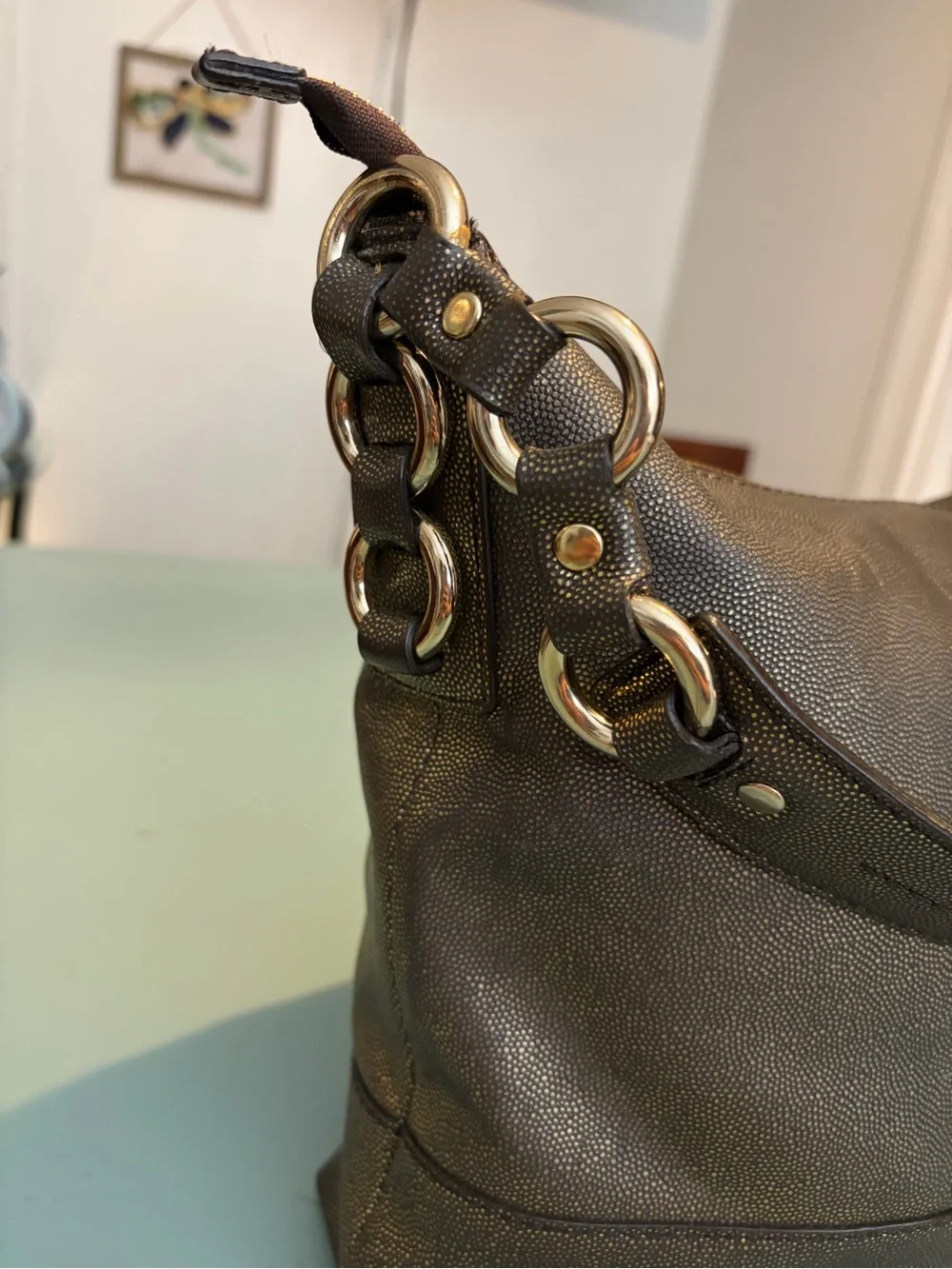 Cole Haan Metallic Charcoal Leather Hobo Shoulder Bag Ring Hardware